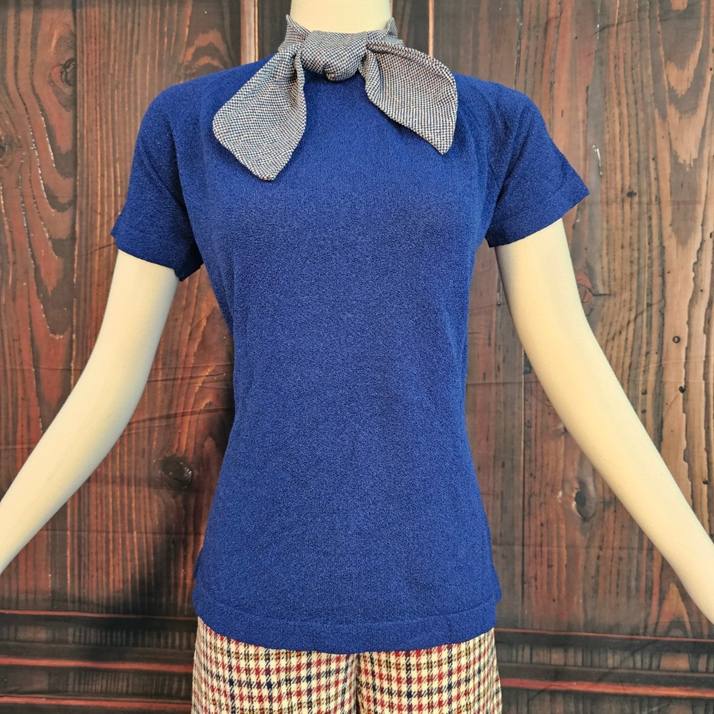 Vintage 1960s Blouse Talbott Travler Blue Knit Check Neck Tie Short Sleeve Top